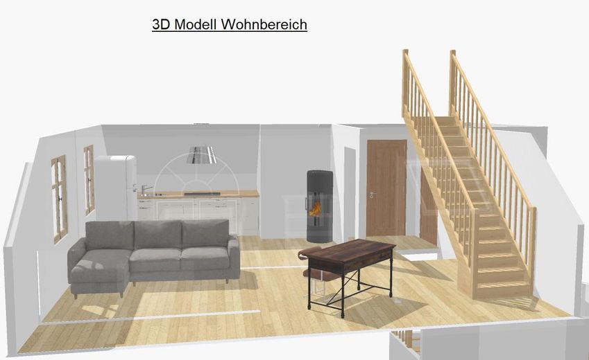 Renovierte 2,5-Zimmer Möblierte Wohnung Galerie Loft in Rottenburg – 3D Modell Wohnbereich
