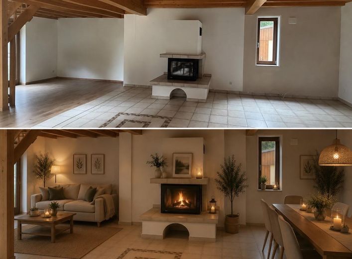 Wunderschönes Architektenhaus zur Miete – Wohnbereich mit Kamin