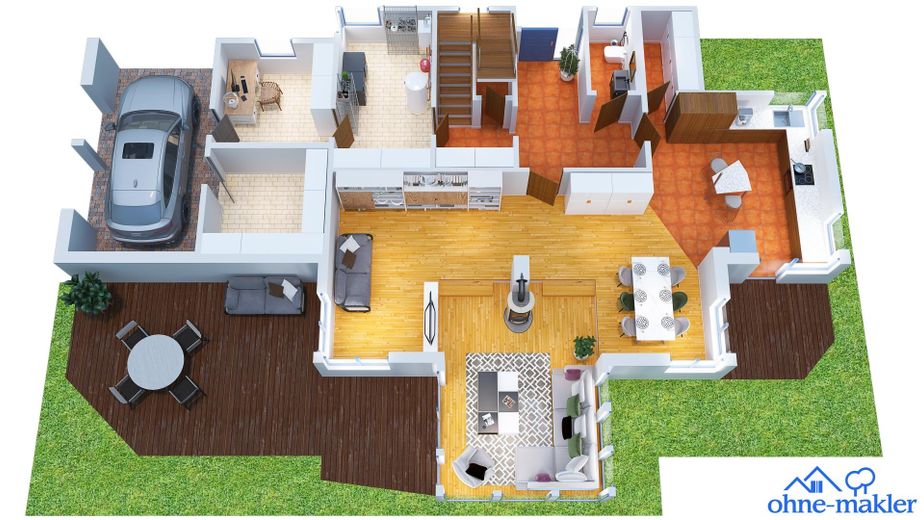Zedernholzhaus mit Sauna, Werkstatt und Garten: viel Platz zum Wohnen, Arbeiten und Entspannen – EG