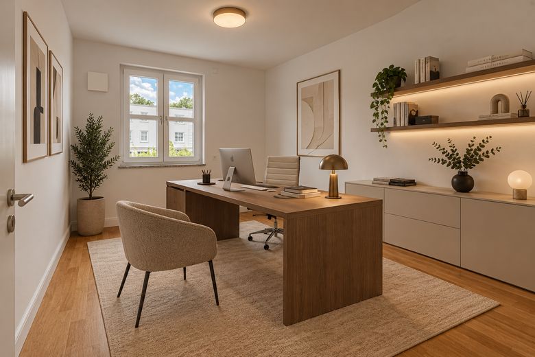 Jungfernsee'deki Belvedere'de yaşam – Güneş alan güney bahçeli şık yarı müstakil ev – Büro/Schlafzimmer visualisiert
