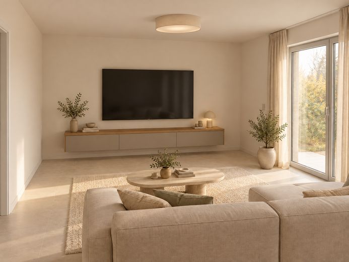हरियाली के बीच 4 कमरों वाला नया निर्माण KFW 40 – Wohnzimmer