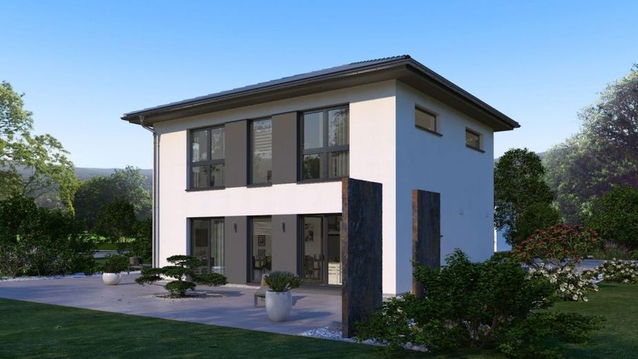 MODERNES WOHNHAUS MIT ELEGANTEM WALMDACH – Ansicht Garten