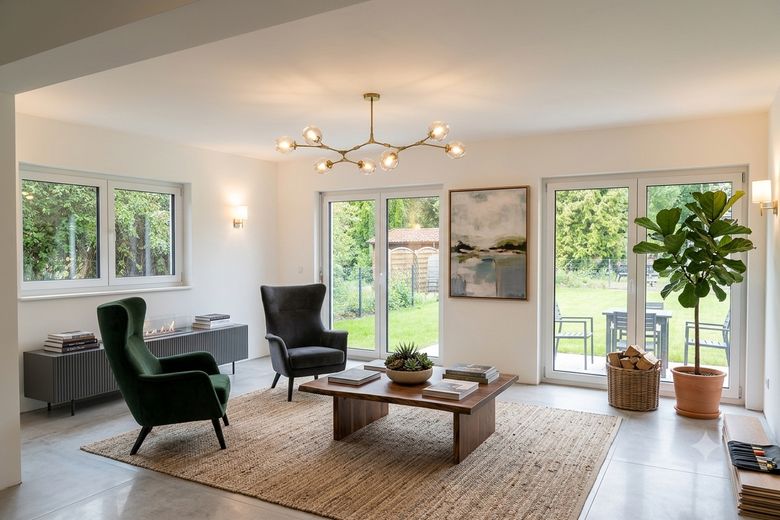 Modernes Neubauhaus mit Garten nahe Falkenhagener See – Wohnzimmer EG - KI