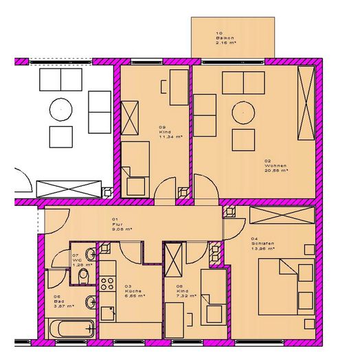 شقة استثمارية مؤجرة - باد هومبورغ - 3.5 غرف مع مطبخ وحمام وشرفة – Grundriss