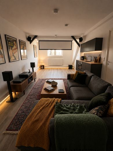 Frisch sanierte 2-Zimmer-Dachgeschosswohnung mit Klimaanlage | Garten optional – Wohnzimmer möbliert