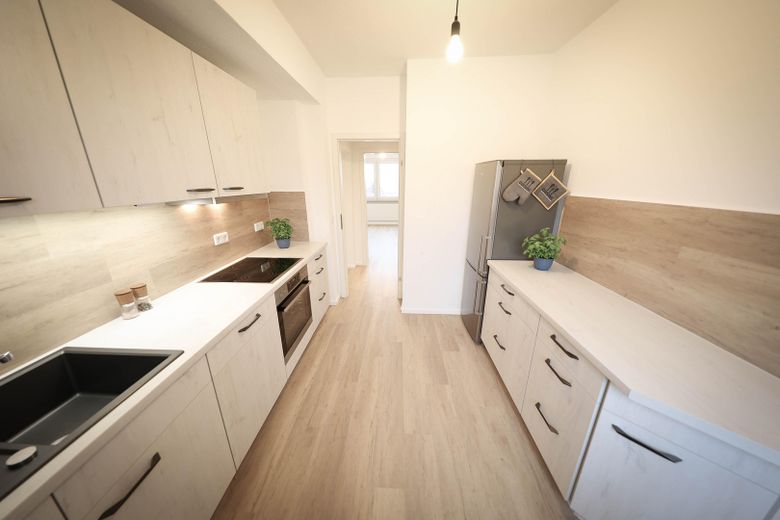 Attractively renovated + partially furnished + 3-room apartment, quietly located with fitted kitchen, cellar & bathroom with daylight – Küche mit AEG Geschirrspüler