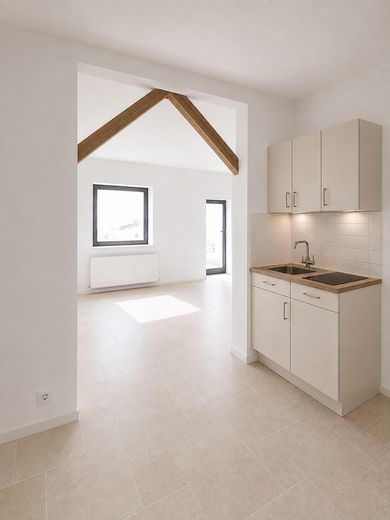 Renovierte 1-Zimmer-Wohnung mit 52 m² Innenhof in RWTH-Nähe – provisionsfrei – Küche mit Blick in Wohnbereich