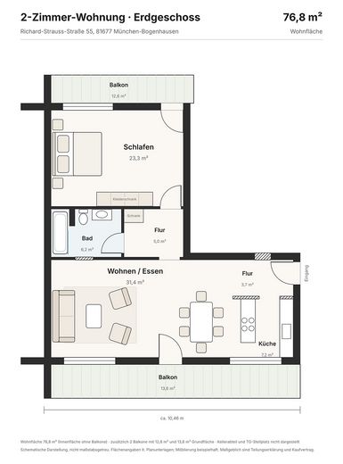 Provisionsfrei: Kernsanierte 2-Zi.-Wohnung mit 2 Balkonen & TG-Platz – Bogenhausen, bezugsfrei – Grundriss möbliert