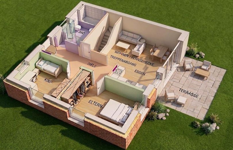 Maisonette Wohnung 71m² + 65m² Souterrain eigene Haustüre Erstbezug 2199€ warm inkl. Küche, Carport – 3D Grundriss EG