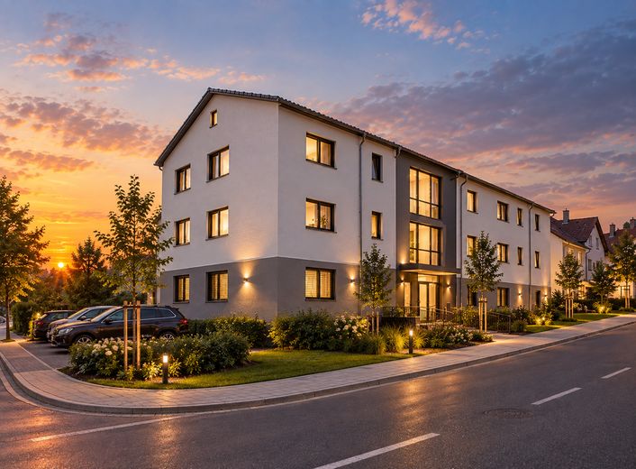 Neubau als Erstbezug in Wangen: Barrierefrei, Erdwärme-Kühlung, Balkon & Tiefgarage – Außenansicht