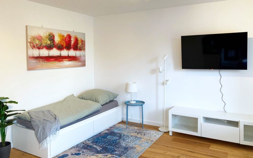 Wohnraum mit Bett + TV
