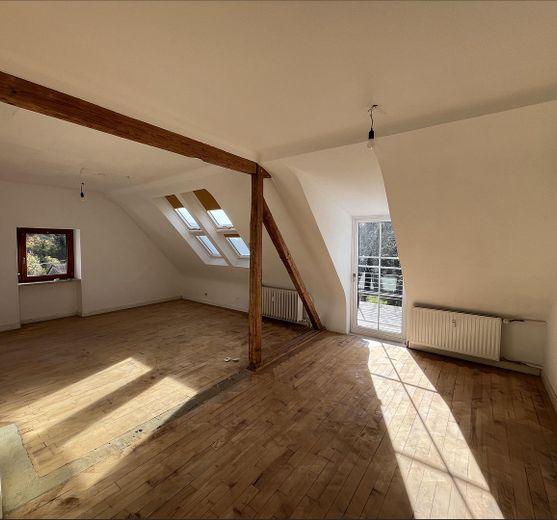 Dachgeschosswohnung mit Balkon und neu saniertem Badezimmer – Wohnzimmer, Küche und Balkon