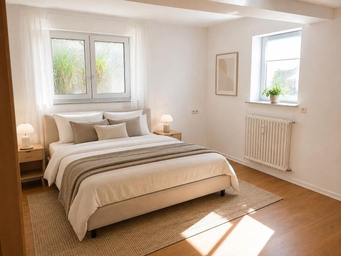Renovierte 3,5-Zimmer Maisonette-Wohnung mit eigenem Garten! – Schlafzimmerbeispiel - KI