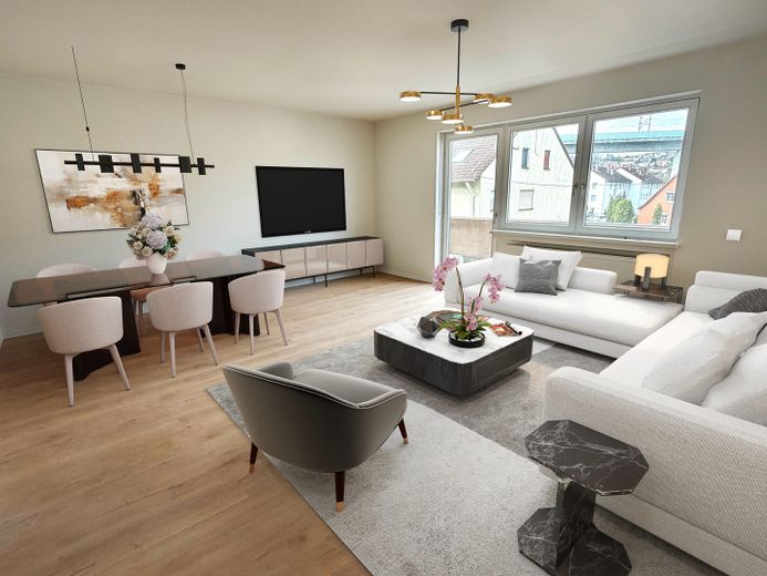 Frisch sanierte 4-Zimmer Wohnung – Wohnzimmer / Einrichtungsbspl