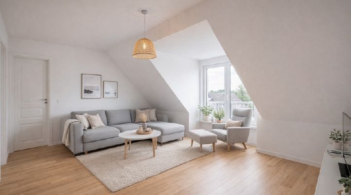 Construction neuve sous les combles, Ingolstadt-Nordost : 3 appartements libres immédiatement, 1 loué – sans commission – WZ Einrichtungsbeispiel (KI)