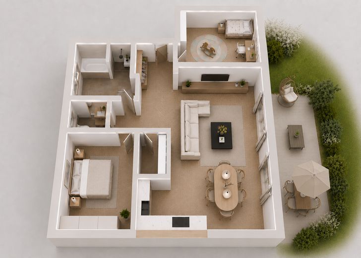 Neubauwohnung mit Garten, KfW-Förderkredit bis 100.000 €, provisionsfrei – 3D-Grundriss