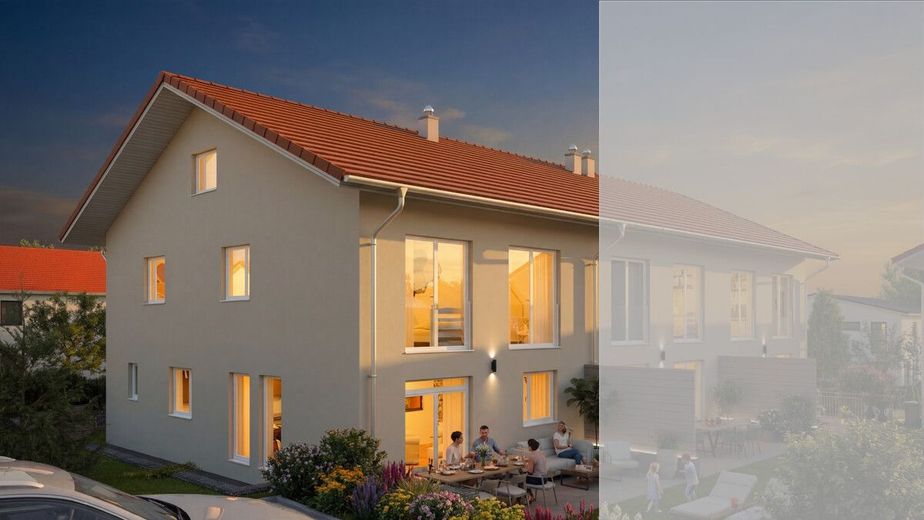 Exklusives Eckgrundstück: Lichtdurchflutetes Neubau-Reihenendhaus in Obing – Gartenansicht