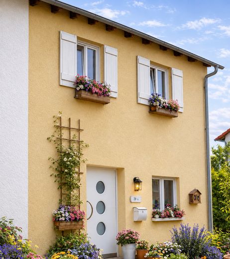 Grundsolides sonniges ruhiges (Sackgasse) Eckhaus mit viel Platz und Umlaufgarten – Fassade Vorschlag