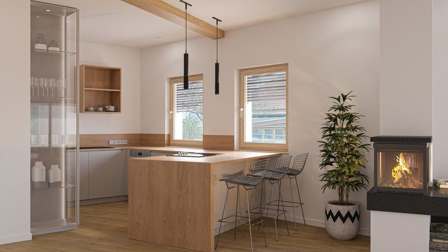 Stadtvilla mit kleinem Garten - Neubau Massivholzhaus am Waldrand mit 180m² Wohnfläche – Visualisierung Küche