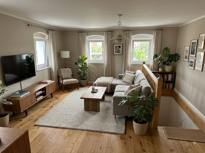 Wohnen wie im Eigenheim: 5-Raum-Maisonette, Terrasse, Garten, Erstbezug, Energiesparhaus – Wohnzimmer (KI-bearbeitet)