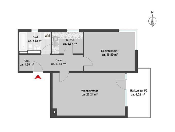 Schöne, helle 2-Zimmer-Wohnung mit Tageslichtbad und Balkon sowie Tiefgarage – Grundriss