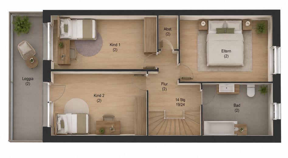 Großzügige 125 m² Maisonette im Bauhausstil – Loggia mit Weitblick – bezugsfrei ab sofort – Grundriss OG