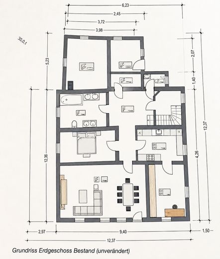 Bahçeli, yüksek standartlı 3 odalı daire – Homeoffice için de ideal – Grundriss 
