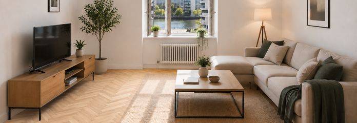 Direkter Spreeblick | 107 m² bezugsfrei | Aufzug | provisionsfrei | 3–4 Zimmer – Visualisierung Wohnzimmer
