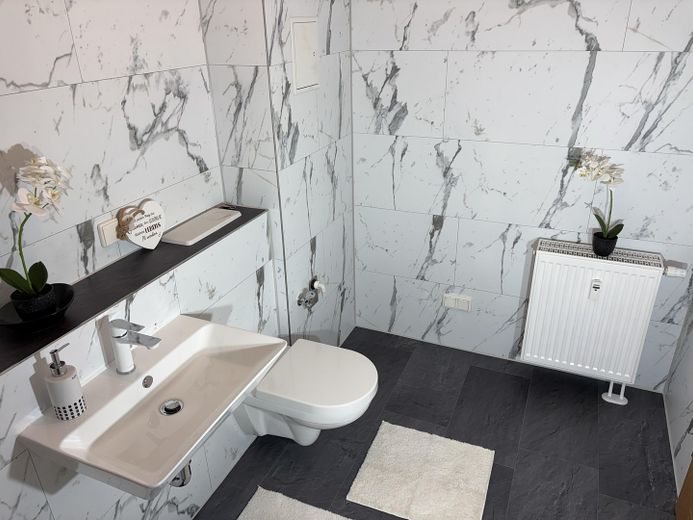 Frisch sanierte stilvolle 2-Zimmer-Wohnung m. Südbalkon in Machern/Erstbezug – hochwertige Sanitärkeramik