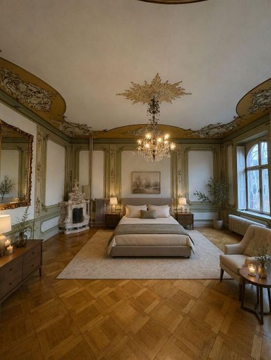Stilvolle Loftwohnung in Jugendstilvilla – Schlafzimmer / KI
