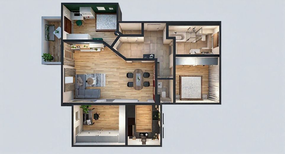 4-Zimmer-Wohnung mit Balkon und Fußbodenheizung in Augsburg – Grundriss 3D