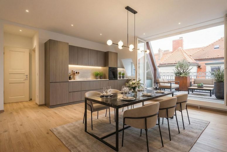 Moderne Dachterrassen-Maisonette-Wohnung mit denkmalgeschütztem Altbauflair – Küche & Essbereich