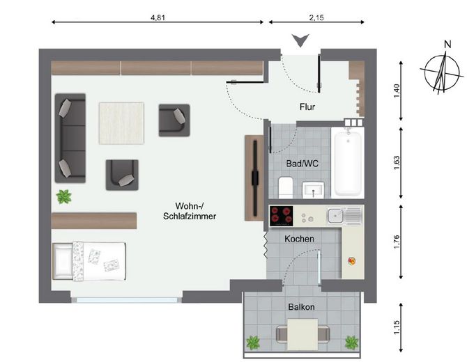 Sonniger Balkon & Stellplatz - Helle 1-Zimmer Wohnung - Nur 50m zur Lidl Zentrale – 2D Grundriss