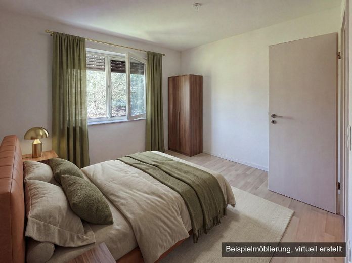 Helle 3-Zimmer-Erdgeschosswohnung mit Terrasse, Garten und Fußbodenheizung, Stellplätze optional – Schlafzimmer (KI-möbliert)