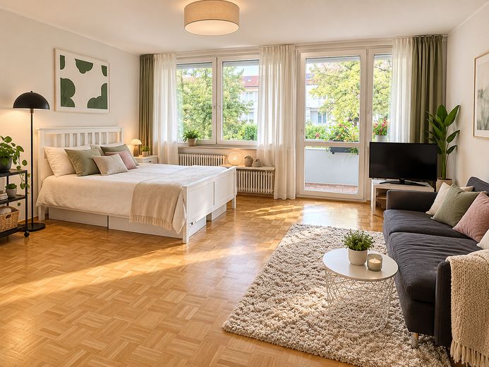 Jasne, urokliwe mieszkanie z przestronnym balkonem i widokiem na zieleń – Wohnraum