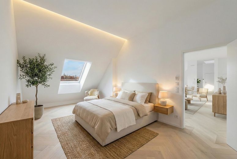 Einzigartige Dachgeschosswohnung mit herrlicher Süd-Dachterrasse zum ruhigen und grünen Innenhof – Visualisierung Schlafen