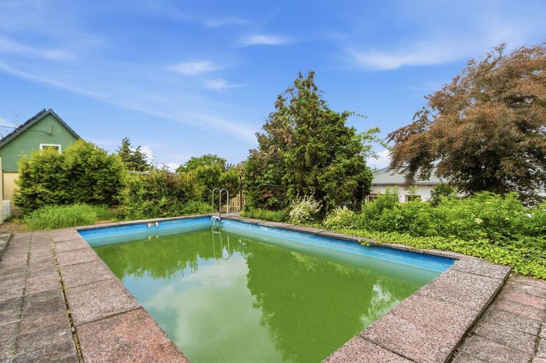 Handwerker aufgepasst! Einfamilienhaus mit Pool und Garage in Delitz am Berge – Pool Garten
