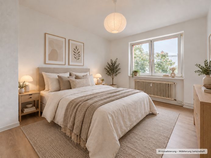 2 Zimmer in Prenzlauer Berg – bezugsfrei, provisionsfrei & renoviert – Schlafzimmer - KI-Möblierung
