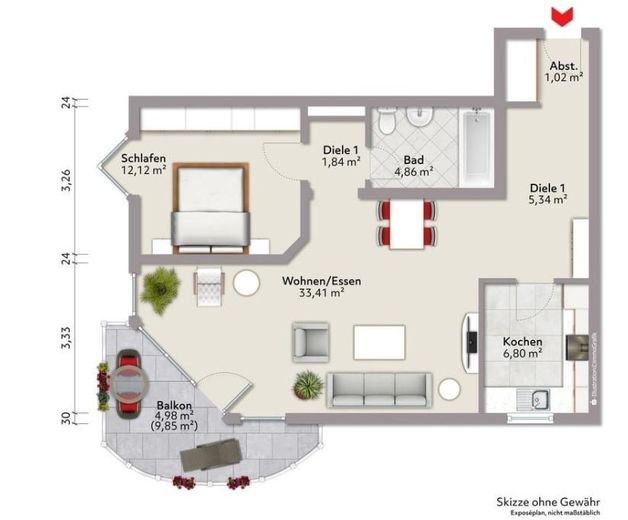Helle, ruhige, großzügige 2-Zi-Wohnung mit größerem Balkon und PKW-Stellplatz, kleinere Wohneinheit – Grundriss-Skizze