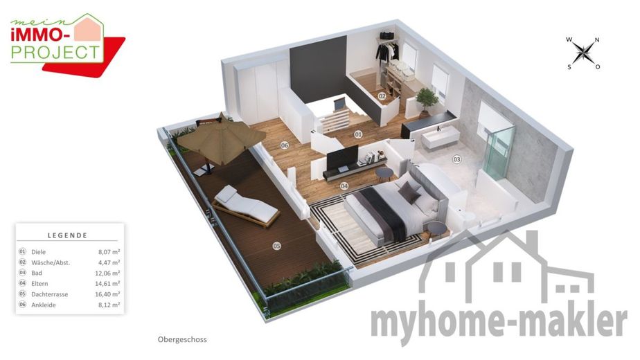 Provisionsfrei vom Bauträger: Modernes und urbanes Reihenendhaus in ruhiger Ortsrandlage – Grundriss Obergeschoss 3D