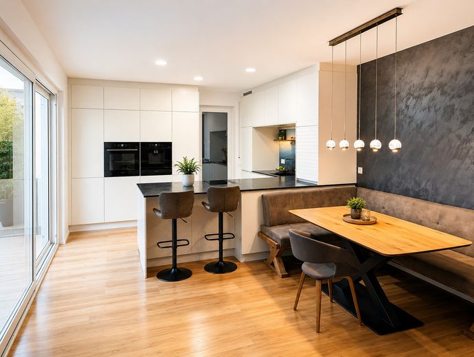 RISERVATO - Moderna casa familiare con vista – scuola, asilo e negozi raggiungibili a piedi – Wohnküche mit Essbereich