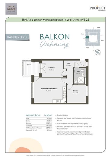 Construcción nueva 2025, sin comisión: 3 habitaciones, 74,43 m², balcón, ascensor - Berlín-Lichterfelde – Grundriss und Wohnflächen