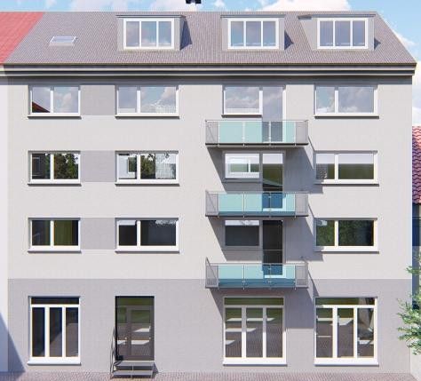 Erstbezug nach umfangreicher Sanierung, 3ZKB mit Balkon, verkehrsgünstig – Rückseite Haus (Grafik)