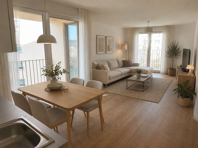 *Neuwertig* 3-Zimmer-Wohnung mit Balkon in Offenbach – Wohn-Essbereich mit Möbel KI
