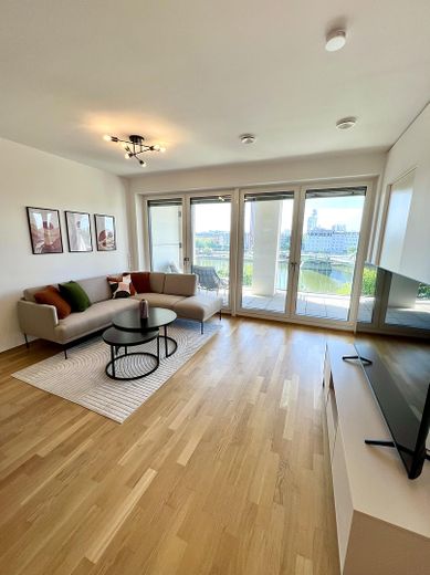 Möblierte 2-Zimmer-Wohnung in erster Reihe zum Main – Lichtdurchflutetes Wohnzimmer