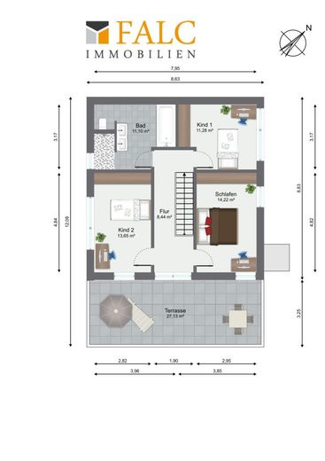 Freistehendes Einfamilienhaus nach KfW55 – Grundriss Obergeschoss