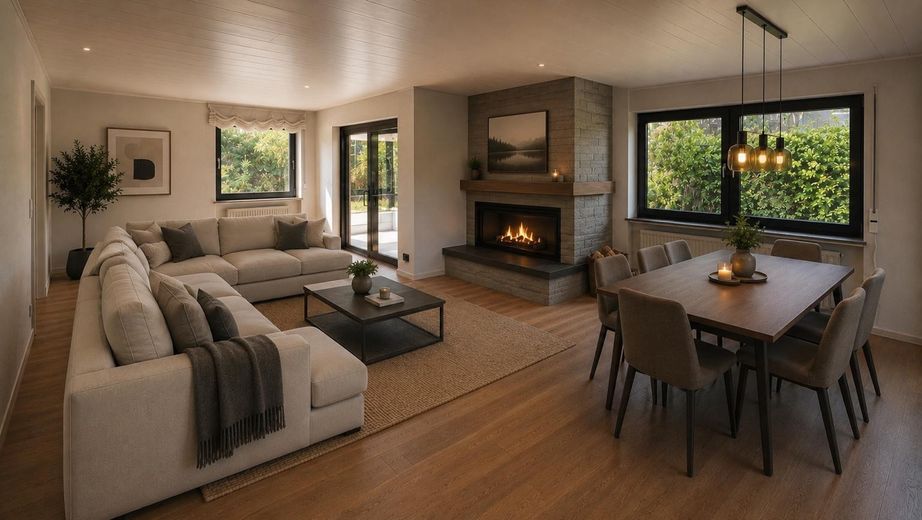 Arriver, respirer, profiter de la vie : vaste bonheur d’habiter en lisière de forêt - un refuge parfait – Wohnzimmer  KI-generiert