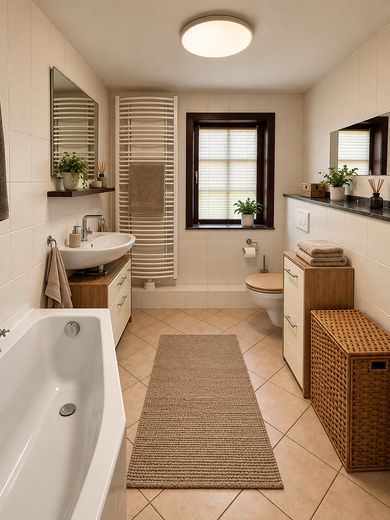 Idylisches Fachwerkhaus im Grünen mit eigenem Gartenanteil – Badezimmer Wanne