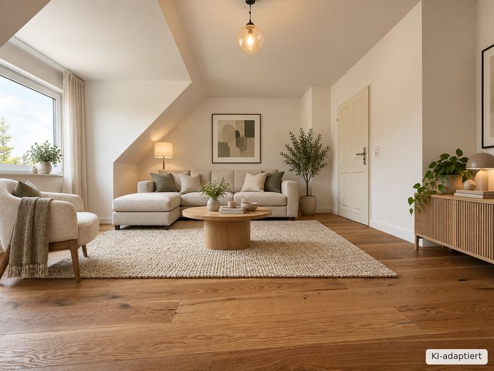 Etagen-Wohnung mit Reihenhaus-Charakter: kernsaniert, hell, Top-Schnitt, gut angebunden & im Grünen – Wohnzi-Einrichtungsbsp-KI
