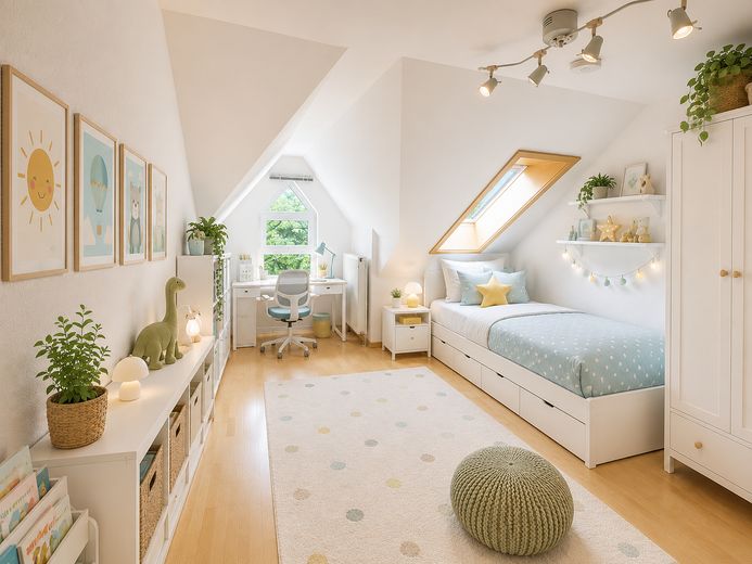 Spacieuse maison mitoyenne centrale à Geradstetten – Kinderzimmer - KI Bild möblier